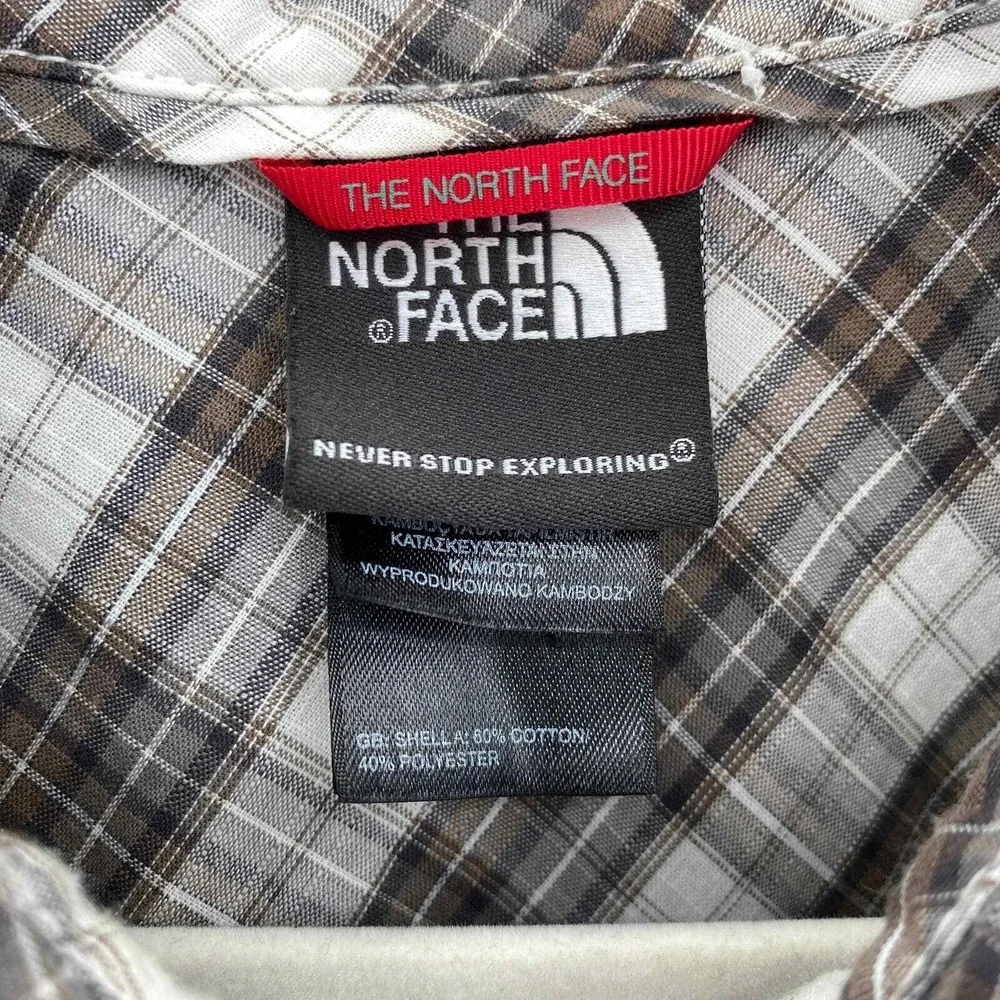 The North Face Button Front Camp Shirt Mens XL White Gray Plaid Cotton Blend